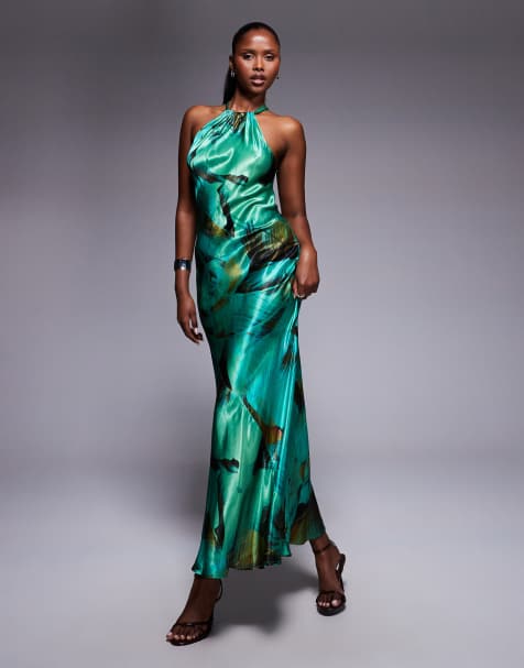 Vestido largo verde estampado con cuello halter de satén de River Island - view 1