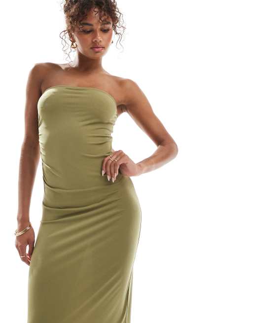 Vestido largo verde hierba con escote palabra de honor y lateral fruncido de Vero Moda, 2 de 4