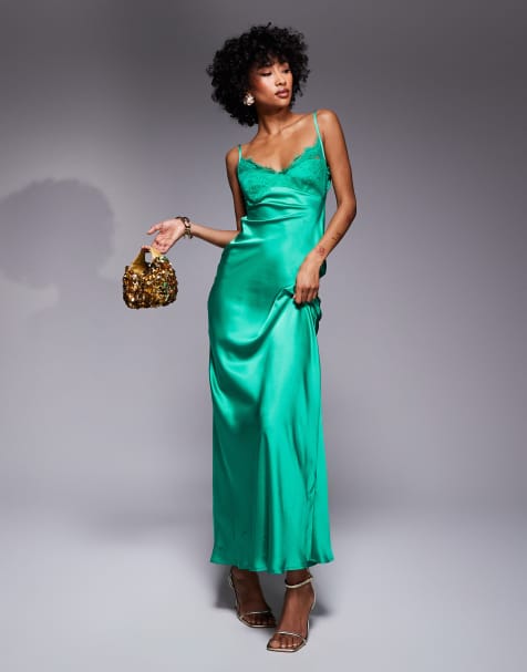 Vestido largo verde intenso de satén con abertura en la espalda y copas de encaje de ASOS DESIGN - view 1