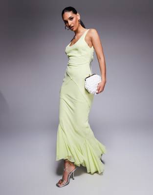 Vestidos largos de chiffon con mangas cap y abertura Verde Lima main image 1