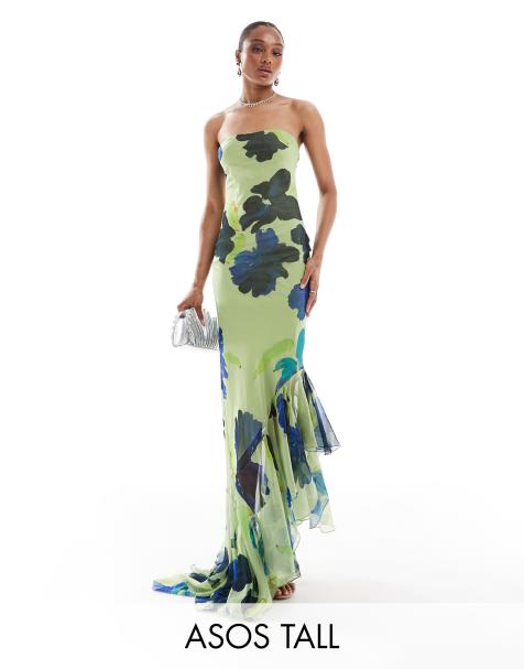 Vestido largo verde lima con escote palabra de honor, estampado floral abstracto y volante asimétrico en el bajo de ASOS DESIGN Tall - view 1
