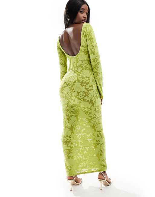 Vestido largo verde lima con mangas ángel, espalda escotada y diseño devoré de malla transparente de ASOS DESIGN, 2 de 4