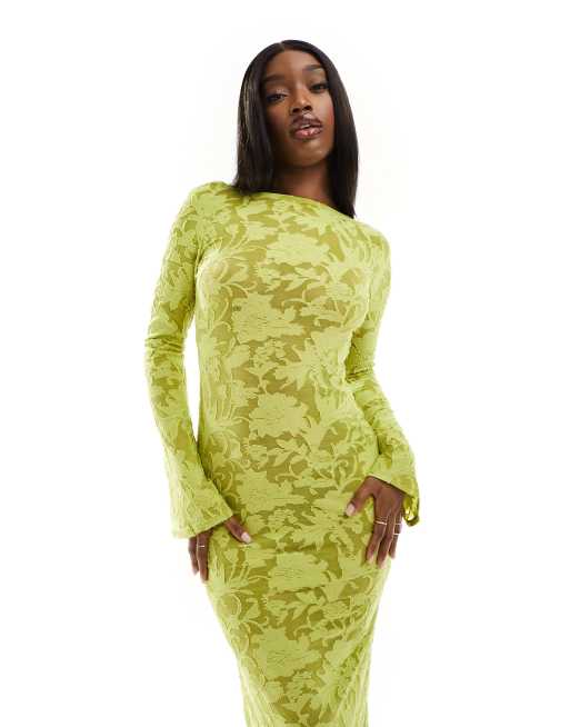Vestido largo verde lima con mangas ángel, espalda escotada y diseño devoré de malla transparente de ASOS DESIGN, 4 de 4
