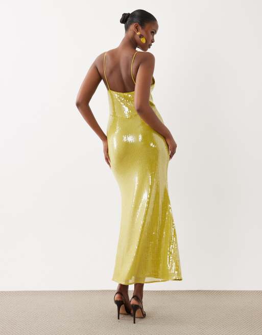 Vestido largo verde lima escotado con copas altas de lentejuelas cristalinas de ASOS DESIGN, 4 de 4