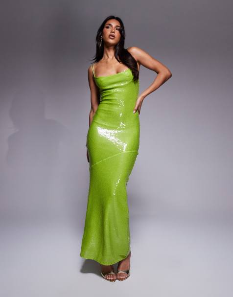 Vestido largo verde lima traslúcido con cuello desbocado y tiras en la espalda de lentejuelas de ASOS DESIGN - view 1