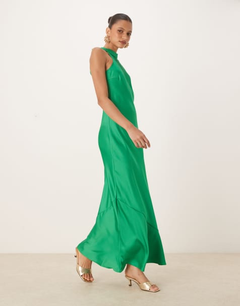 Vestido largo verde luminoso liso con cuello halter de satén de VILA - view 1