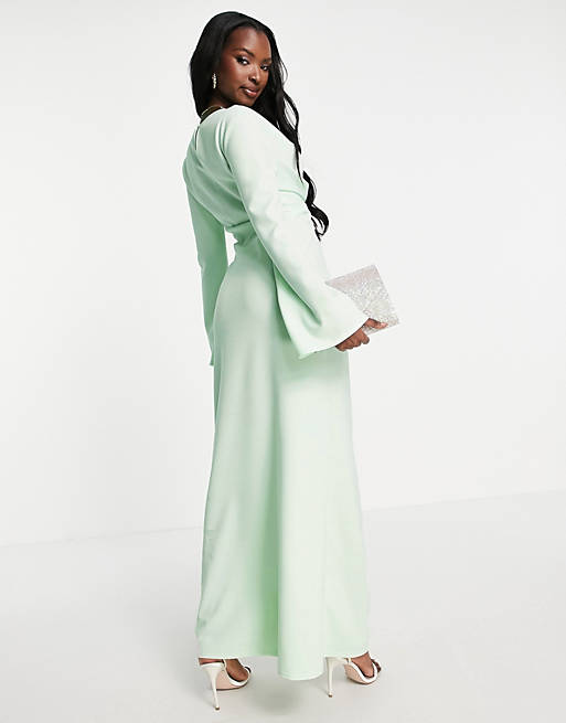 Vestido largo verde menta de manga larga con detalle plisado en la parte  delantera de ASOS DESIGN | ASOS