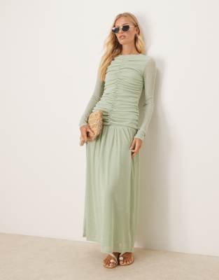 Vestido largo verde menta de manga larga con parte delantera fruncida de canalé texturizado de ASOS DESIGN - view 1