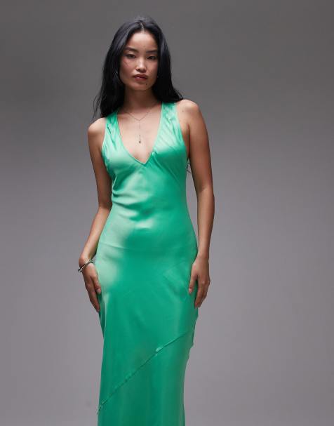 Vestido largo verde muy escotado de satén de Topshop - view 1