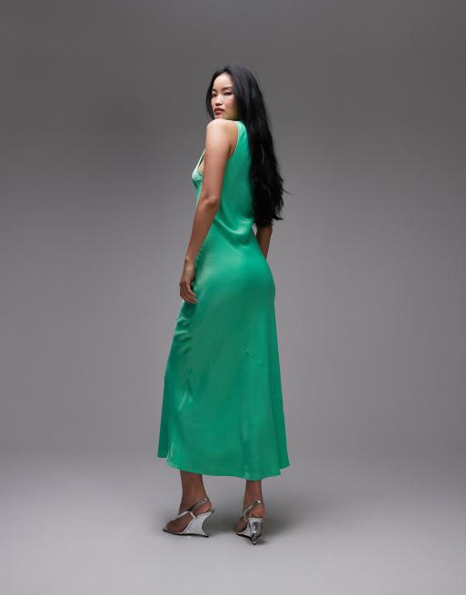 Vestido largo verde muy escotado de satén de Topshop, 3 de 4