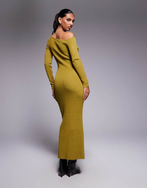 Vestido largo verde oliva abotonado con cuello asimétrico de punto exclusivo de Kaiia, 3 de 4