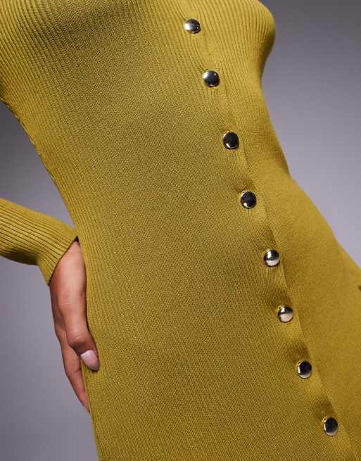 Vestido largo verde oliva abotonado con cuello asimétrico de punto exclusivo de Kaiia, 4 de 4