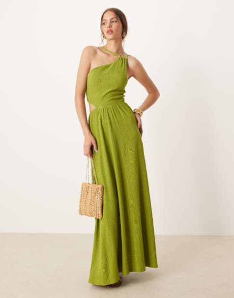 Vestido largo verde oliva asimétrico con abertura en la cintura y detalle de herraje de tejido texturizado de ASOS DESIGN - view 1