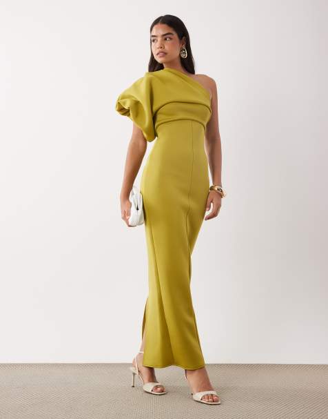Vestido largo verde oliva asimétrico con acabado fruncido de tejido efecto neopreno de ASOS DESIGN - view 1