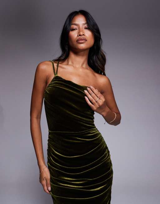 Vestido largo verde oliva asimétrico y fruncido de terciopelo de TFNC, 4 de 4