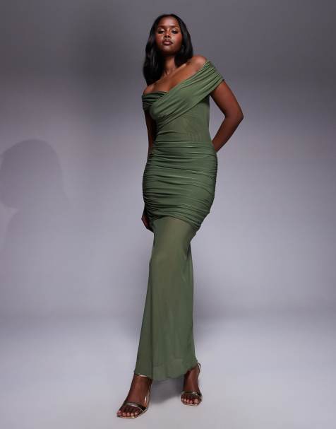 Vestido largo verde oliva ceñido de tejido doble con escote Bardot y bajo traslúcido de malla exclusivo de Kaiia - view 1