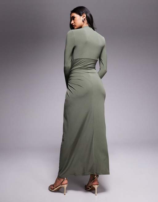 Vestido largo verde oliva con cuello alto exclusivo de Daska , 3 de 4