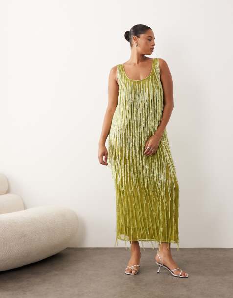 Vestido largo verde oliva con cuello ancho y flecos de cuentas de ARRANGE Curve - view 1