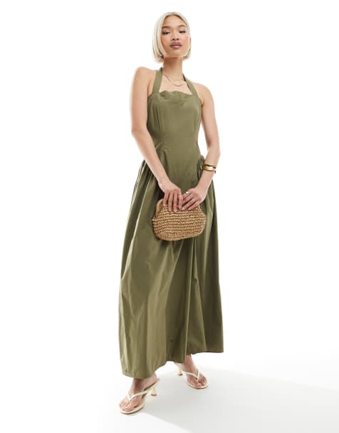 Vestido largo verde oliva con cuello cuadrado halter y detalles plisados en la cadera de algodón de 4th & Reckless - view 1