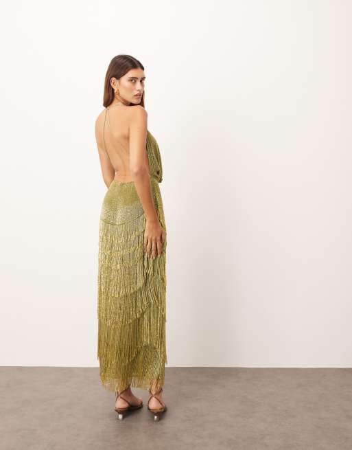 Vestido largo verde oliva con cuello escotado y desbocado y flecos de cuentas de ARRANGE, 4 de 4