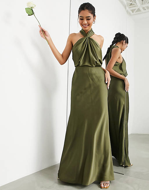 Hecho para recordar alivio enlace Vestido largo verde oliva con cuello halter fruncido de satén de ASOS  Edition | ASOS