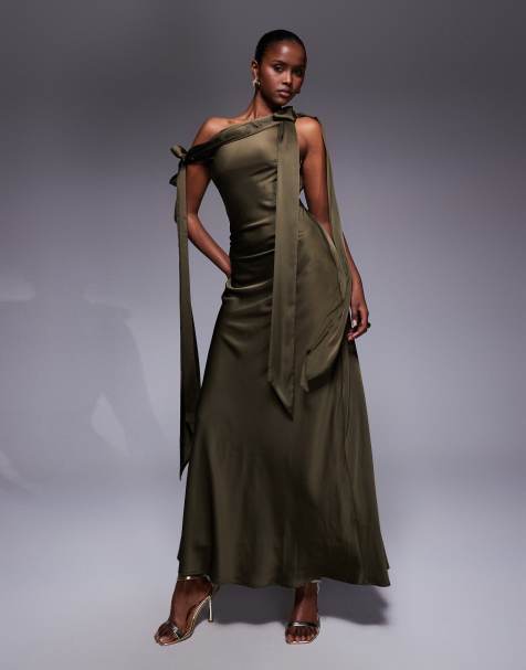 Vestido largo verde oliva con hombros caídos y detalle de lazadas de satén de TFNC - view 1