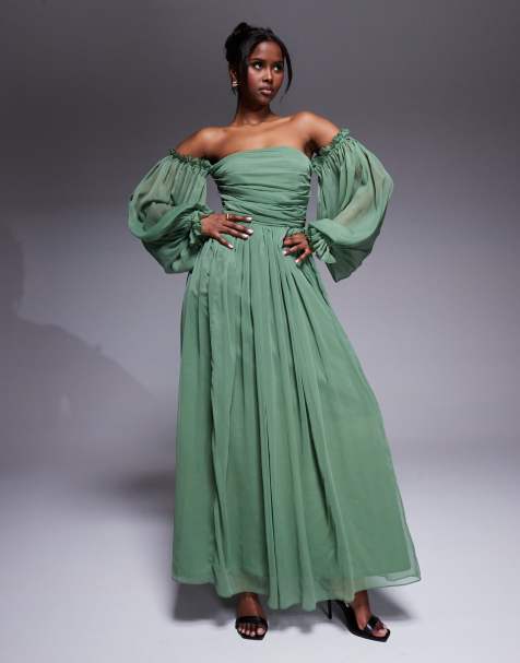 Vestido largo verde oliva con mangas globo y escote Bardot de Lace & Beads - view 1