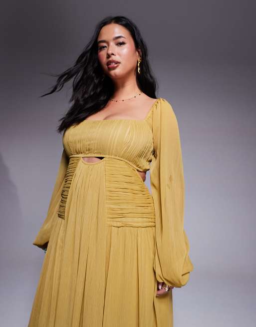 Vestido largo verde oliva de manga larga con abertura y falda