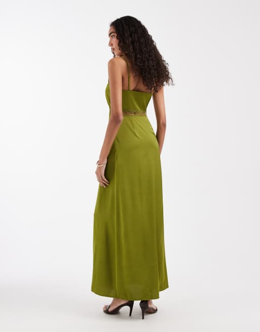 Vestido largo verde oliva de tejido satinado con detalle de encaje de ONLY Petite, 4 de 4