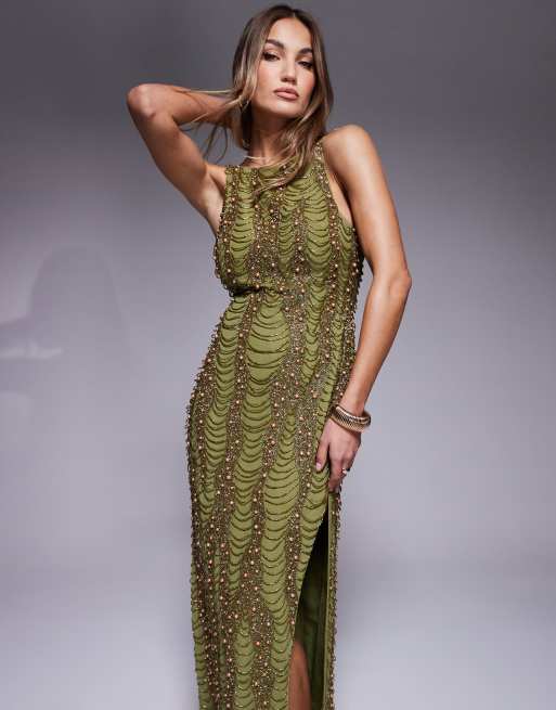 Vestido largo verde oliva drapeado con abertura lateral, espalda abierta y cuentas de ASOS DESIGN, 3 de 4