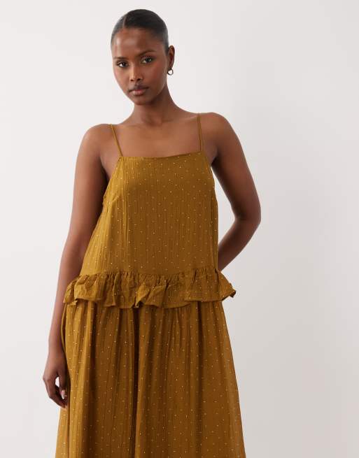 Vestido largo verde oliva escalonado de tirantes con pedrería de VILA, 2 de 4