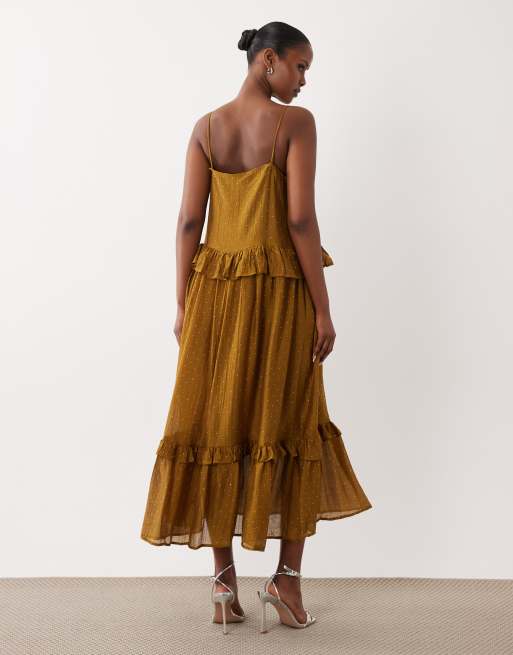 Vestido largo verde oliva escalonado de tirantes con pedrería de VILA, 4 de 4