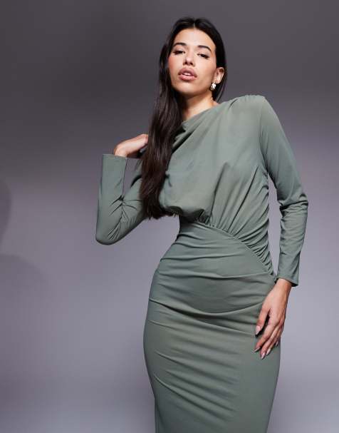 Vestido largo verde oliva fruncido de Daska - view 1
