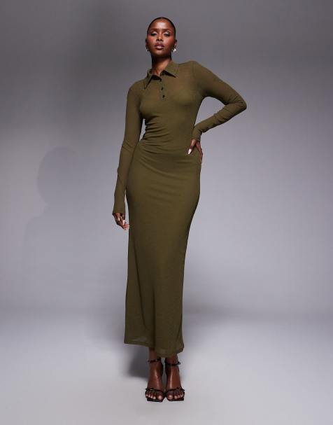 Vestido largo verde oliva oscuro de manga larga con diseño de dos capas de ASOS DESIGN - view 1