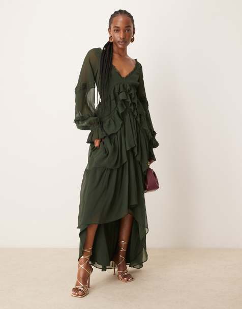 Vestido largo verde oliva oscuro escalonado con cuello de pico, bajo asimétrico, pinzas y volantes de ASOS DESIGN - view 1