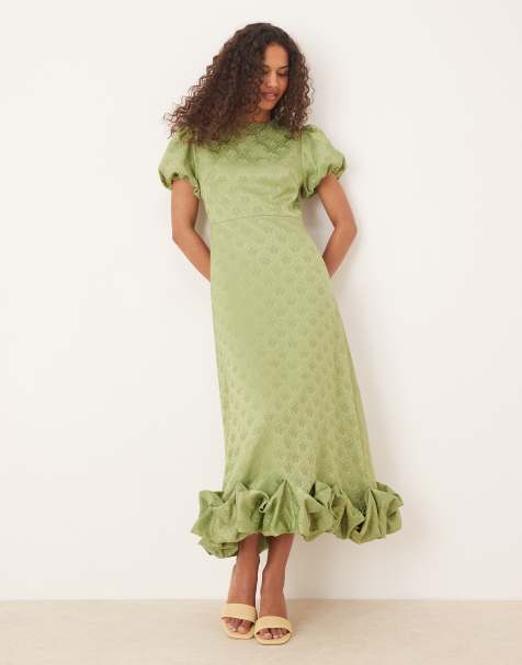 Vestido largo verde oliva pálido con mangas abullonadas y bajo abombado de Sister Jane - view 1