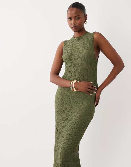 Vestido largo verde oliva sin mangas de tejido texturizado de punto liso de VILA, 2 de 4