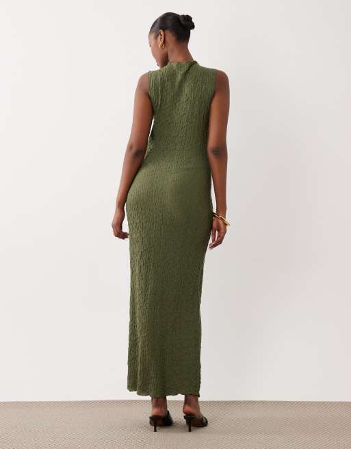 Vestido largo verde oliva sin mangas de tejido texturizado de punto liso de VILA, 4 de 4