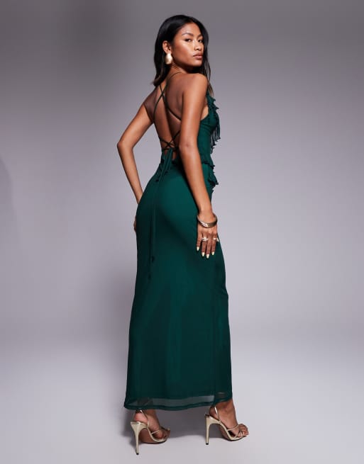 Vestido largo verde oscuro con volantes y lazada en la espalda de ASOS DESIGN, 2 de 4