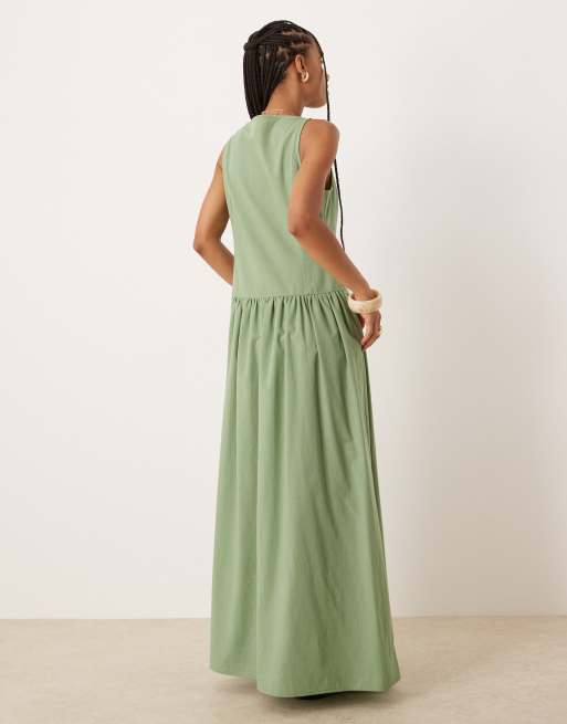 Vestido largo verde pistacho con cuello barco, botones y cintura baja de ASOS DESIGN, 2 de 4