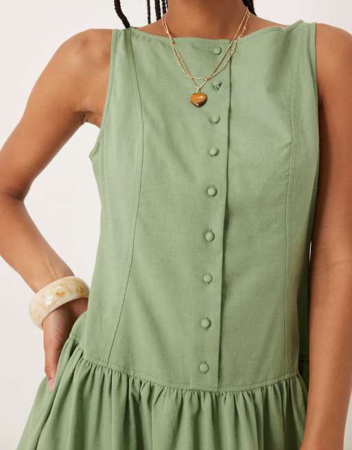 Vestido largo verde pistacho con cuello barco, botones y cintura baja de ASOS DESIGN, 3 de 4