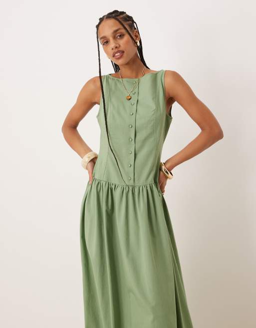 Vestido largo verde pistacho con cuello barco, botones y cintura baja de ASOS DESIGN, 4 de 4