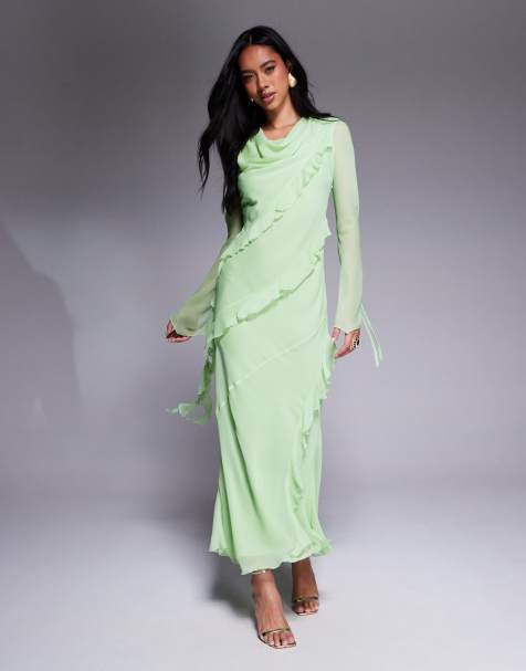 Vestido largo verde pistacho con volantes de chifón de Daska - view 1