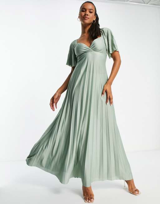 Vestido largo verde plisado con mangas de casquillo y detalle retorcido en la espalda de ASOS DESIGN