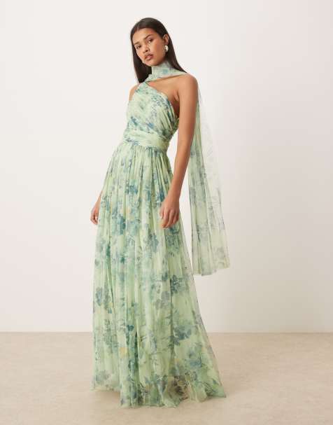 Vestido largo verde salvia asimétrico con estampado y fular al cuello de Lace & Beads - view 1