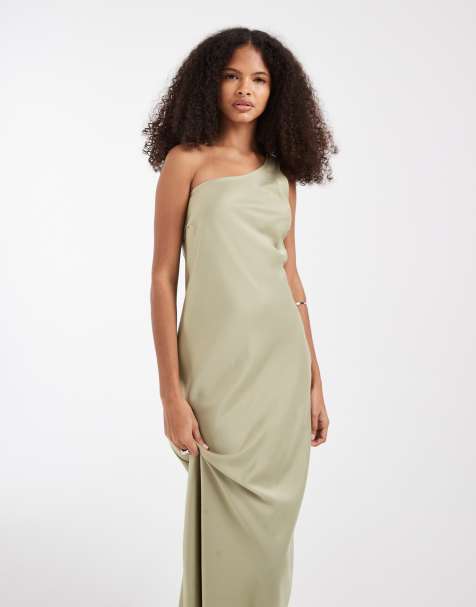 Vestido largo verde salvia asimétrico de satén de Object - view 1