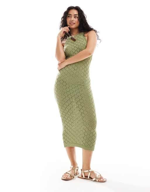 Vestido largo verde salvia con cuello halter de croché de Y.A.S