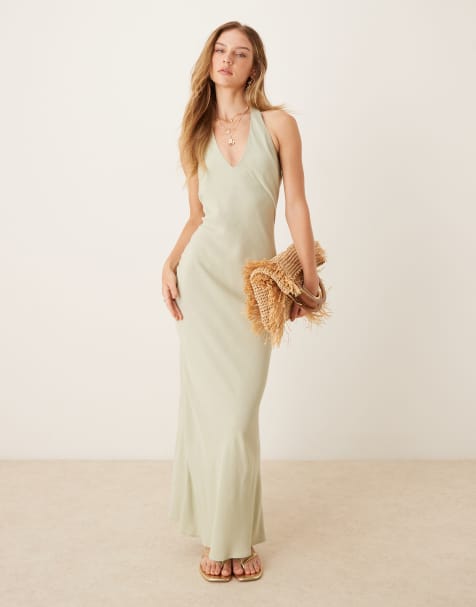 Vestido largo verde salvia con cuello halter de mezcla de lino de ASOS DESIGN - view 1