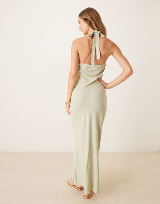 Vestido largo verde salvia con cuello halter de mezcla de lino de ASOS DESIGN, 4 de 4