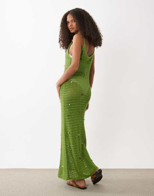 Vestido largo verde salvia con cuentas de punto flameado de ASOS DESIGN, 3 de 4